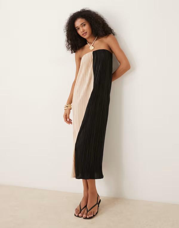 【送料無料】 エイソス レディース ワンピース トップス ASOS DESIGN plisse bandeau midi dress in beige and black color block Color Block