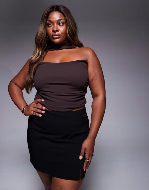 エイソス レディース トップス シャツ ASOS Curve ASOS DESIGN Curve bandeau top with scarf neck detail in chocolate Chocolate チョコレート