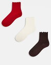 【送料無料】 トップショップ レディース 靴下 アンダーウェア Topshop 3pk Delilah frill socks in buttermilk chocolate and red CREAM BROWN & RED