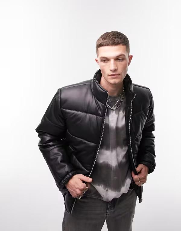 【送料無料】 トップマン メンズ ジャケット・ブルゾン アウター Topman leather puffer jacket in black Black