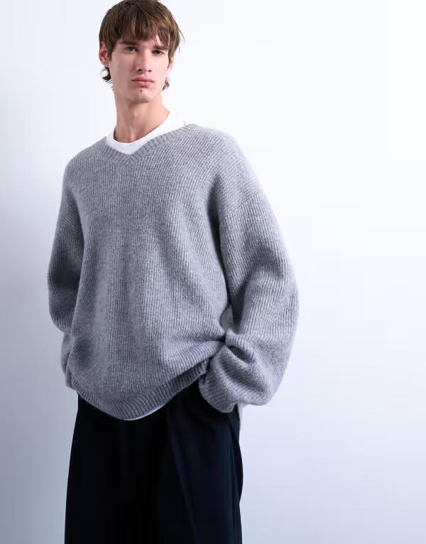 トップマン メンズ アウター ニット・セーター オーバーサイズフィット Vネック セーター Topman oversized fit v neck sweater Gray グレー
