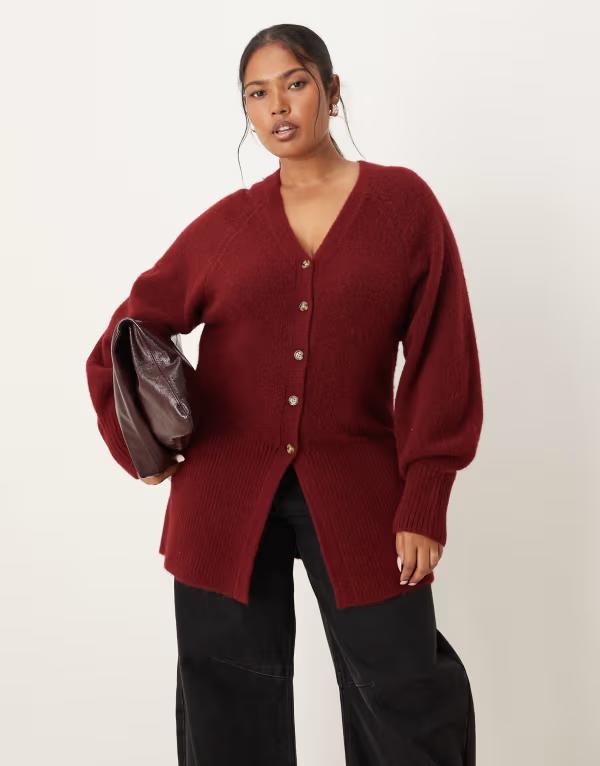 エイソス レディース アウター カーディガン Vネック ASOS Curve ASOS DESIGN Curve V-neck longline cardigan with waist detail in fluffy yarn Burgundy バーガンディ
