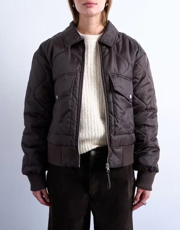 トップショップ レディース アウター ジャケット・ブルゾン chocolate Topshop collared liner cropped bomber jacket in chocolate