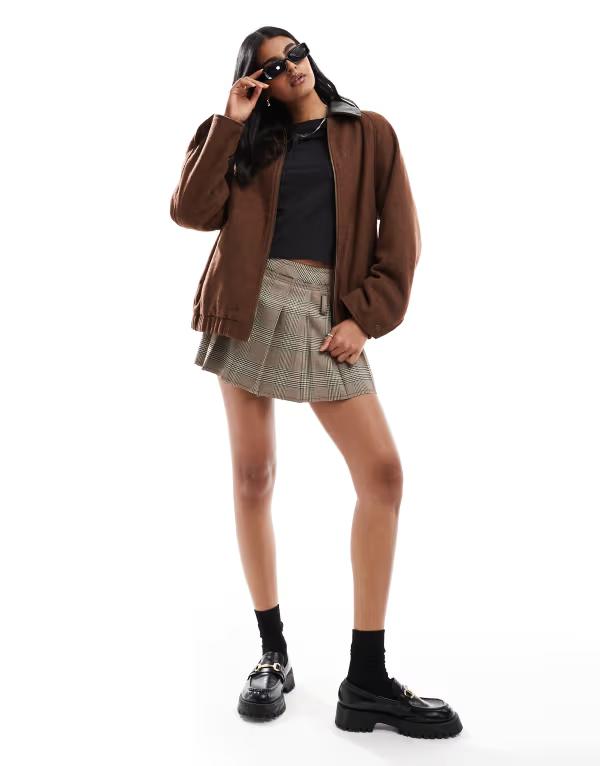 エイソス レディース アウター ジャケット・ブルゾン ウール レザー ジャケット ASOS DESIGN wool blend heritage leather look collar bomber jacket in chocolate Brown ブラウン