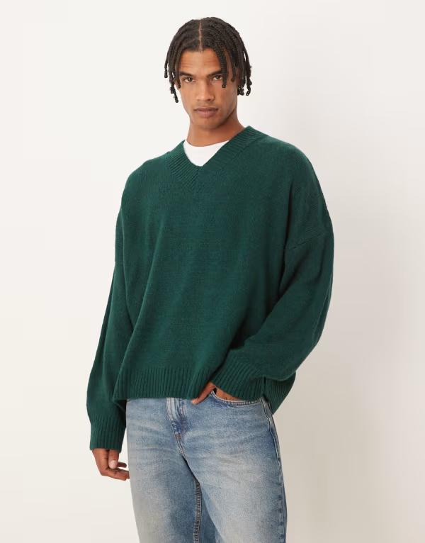 エイソス メンズ アウター ニット・セーター Vネック セーター ニット ASOS DESIGN super oversized boxy fit knit V-neck sweater GREEN グリーン