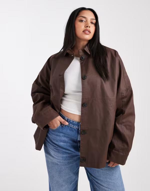 エイソス レディース アウター ジャケット・ブルゾン ジャケット ASOS Curve ASOS DESIGN Curve waxed Harrington jacket in chocolate Chocolate チョコレート