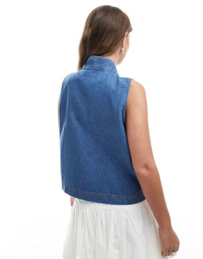 【送料無料】 エイソス レディース シャツ トップス ASOS DESIGN A-line denim top with bow tie neck Blue