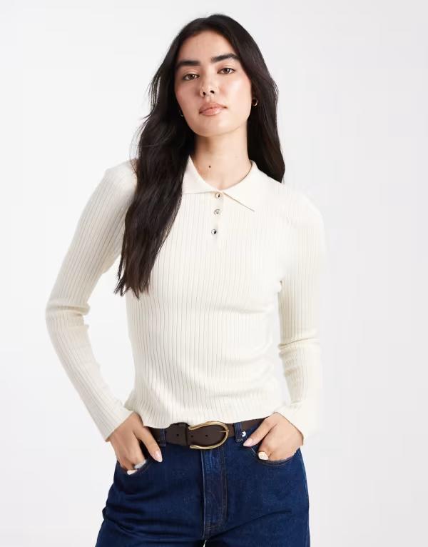 オンリー レディース トップス ポロシャツ 軽量 ONLY ribbed long sleeve polo in light beige