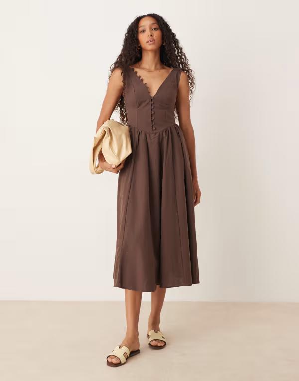 エイソス レディース トップス ワンピース Vネック マキシワンピース マキシ ASOS DESIGN v neck button up maxi dress with dropped waist in chocolate Chocolate チョコレート