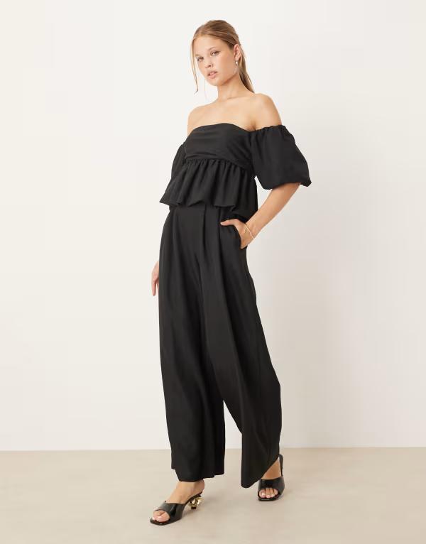エイソス レディース トップス ジャンプスーツ ASOS DESIGN bardot extreme puff sleeve peplum jumpsuit in sage SAGE セージ