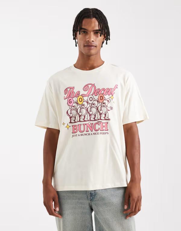 ジャック アンド ジョーンズ メンズ トップス Tシャツ プリント シャツ Jack & Jones oversize T-shirt with teddy print in cream Antique White ホワイト