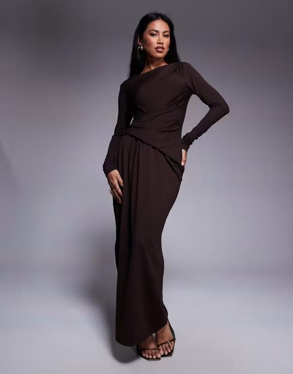 エイソス レディース トップス ワンピース マキシワンピース ドレープ マキシ ASOS DESIGN soft touch long sleeve drape maxi dress in chocolate Chocolate チョコレート