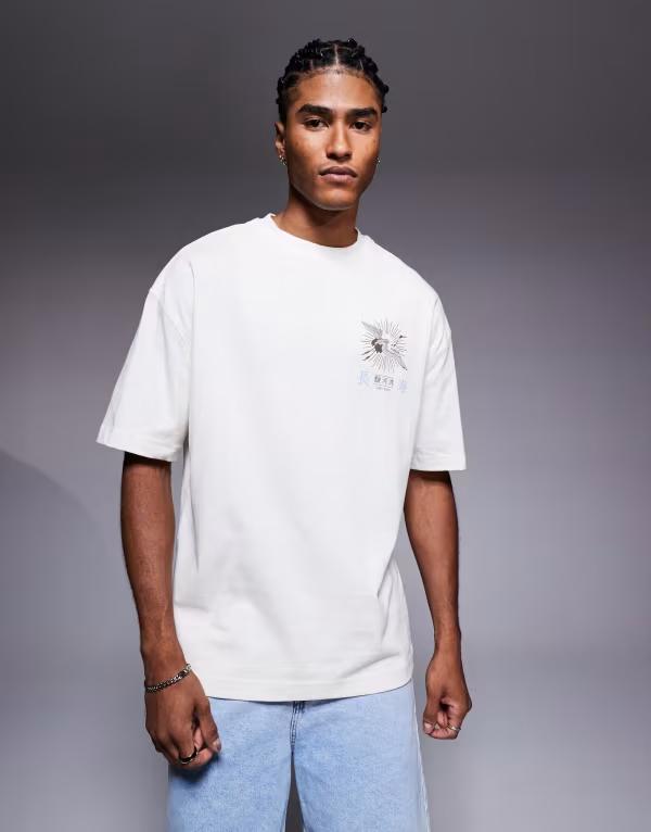 リバーアイランド メンズ トップス Tシャツ グラフィック River Island oversized t-shirt with Japanese crane graphic in ecru ECRU エクリュ