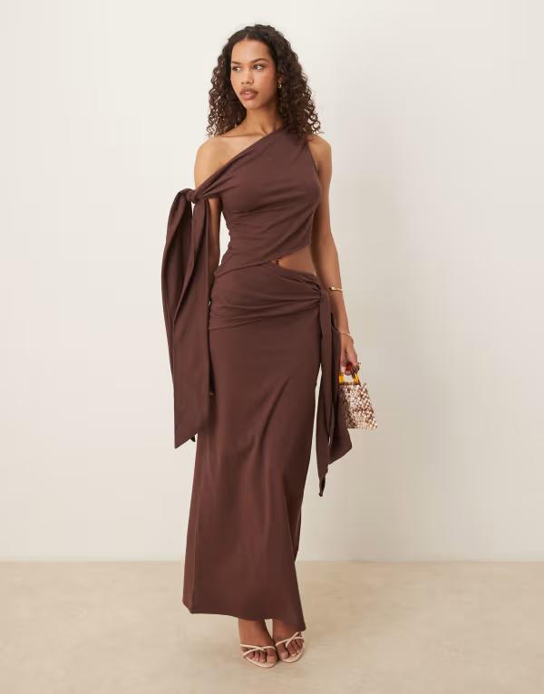 エイソス レディース トップス ワンピース タイディテール ミディワンピース ミディ ASOS DESIGN fallen shoulder with tie detail midi dress in chocolate Chocolate チョコレート