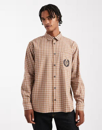 【送料無料】 エイソス メンズ シャツ トップス ASOS DESIGN relaxed plaid shirt with chest embroidery in brown BROWN 【送料無料】 エイソス メンズ シャツ トップス ASOS DESIGN relaxed plaid shirt with chest embroidery in brown BROWN