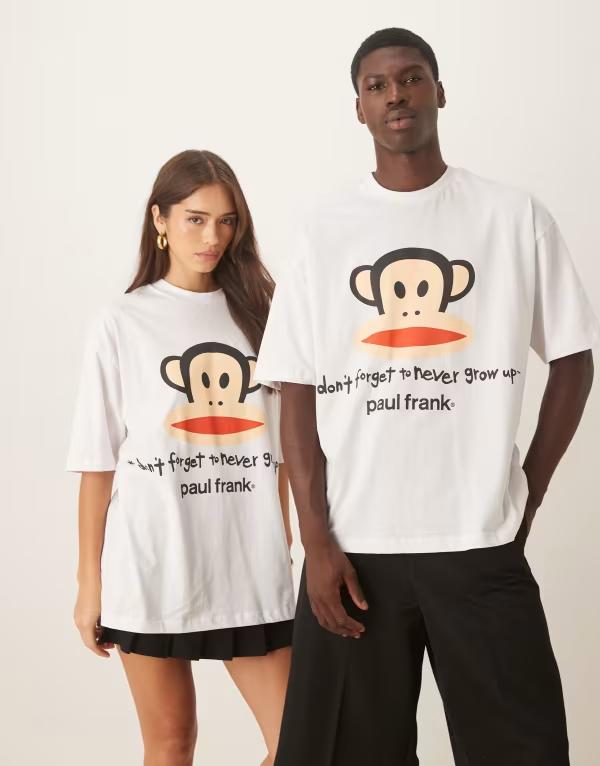 【送料無料】 エイソス レディース Tシャツ トップス ASOS DESIGN unisex oversized T-shirt with Paul Frank prints in white WHITEのサムネイル