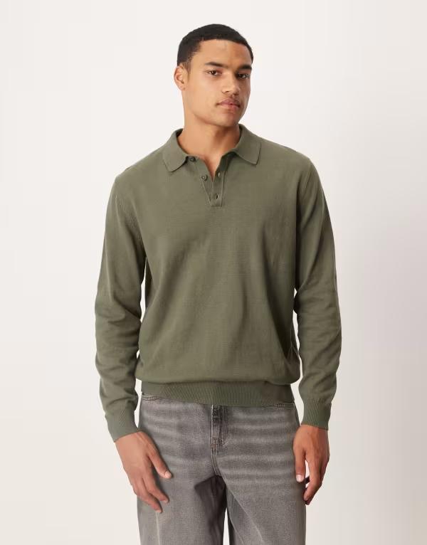 エイソス メンズ トップス ポロシャツ ニット ASOS DESIGN relaxed long sleeve knit polo Green Marl ..