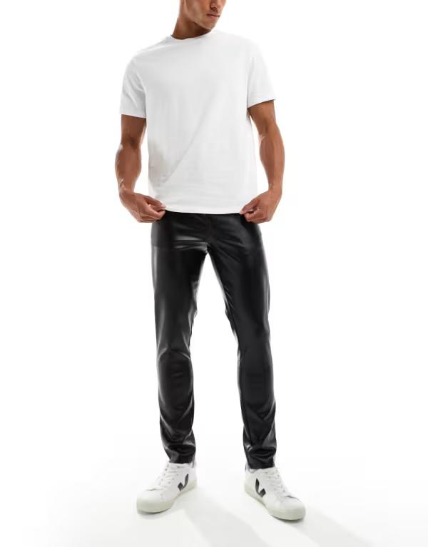エイソス メンズ ボトムス カジュアルパンツ パンツ レザー フェイクレザー ASOS DESIGN skinny pants faux leather Black ブラック