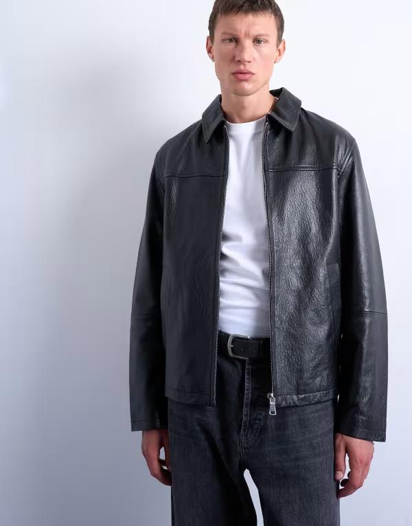 ȥåץޥ   㥱åȡ֥륾 쥶 㥱å Topman real leather harrington jacket Black ֥å