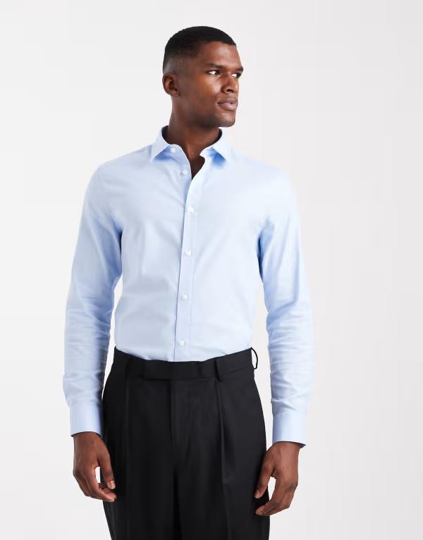 Casual Shirts - エイソス メンズ トップス シャツ ASOS DESIGN slim formal textured shirt blue ブルー