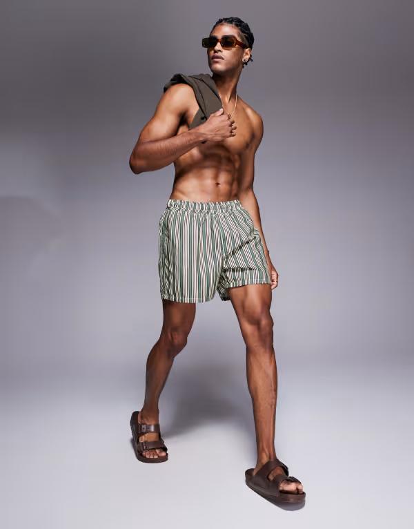 エイソス メンズ 水着 ハーフパンツ・ショーツ ショートパンツ ASOS DESIGN swim shorts in short length stripe GREEN グリーン