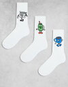 【送料無料】 エイソス メンズ 靴下 アンダーウェア ASOS DESIGN 3 pack socks with matcha characters graphics in white WHITE