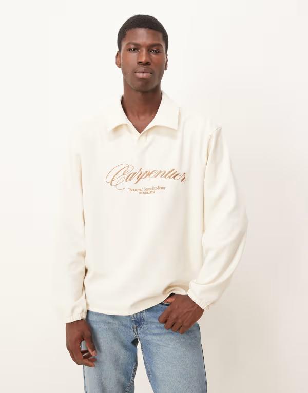 エイソス メンズ アウター ニット・セーター ポロシャツ ASOS DESIGN oversized camp collar polo shirt with embroidery in ecru ECRU エクリュ