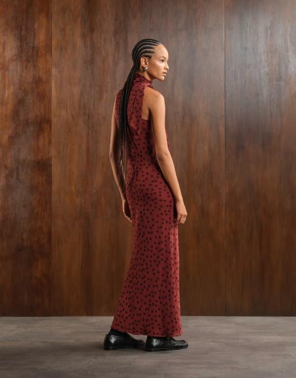 【送料無料】 エイソス レディース ワンピース トップス ASOS DESIGN scoop neck racer back scarf detail midi dress in burgundy spot Burgundy spot