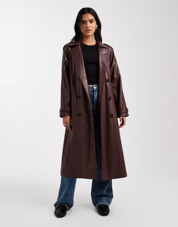 オンリー レディース アウター コート レザー マキシ フェイクレザー ONLY faux leather maxi trench coat CHOCOLATE BROWN ブラウン