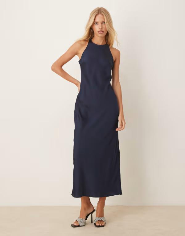 【送料無料】 ヴィラ レディース ワンピース トップス Vila racer satin midi dress in deep navy NAVY BLAZER
