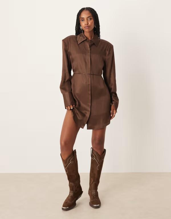 エイソス レディース トップス ワンピース ミニワンピース ミニ シャツ ASOS DESIGN shoulder pad shirt mini dress with tie back in chocolate Chocolate チョコレート