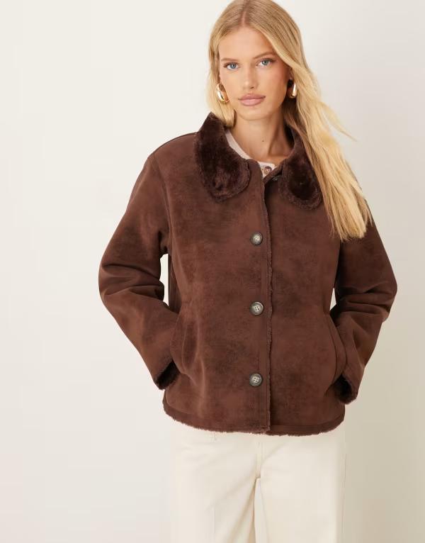 エイソス レディース アウター ジャケット・ブルゾン スタンドネック スエード ジャケット ASOS DESIGN funnel neck faux suede bonded jacket in chocolate chocolate チョコレート