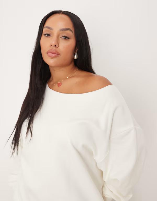 【送料無料】 エイソス レディース パーカー・スウェット アウター ASOS DESIGN Curve oversized off the shoulder sweatshirt in white WHITE