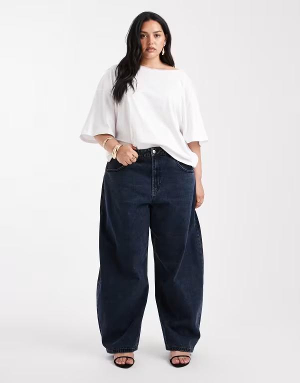 エイソス レディース ボトムス デニムパンツ ジーンズ ASOS Curve ASOS DESIGN Curve high waisted barrel leg jeans Blue black ブラック
