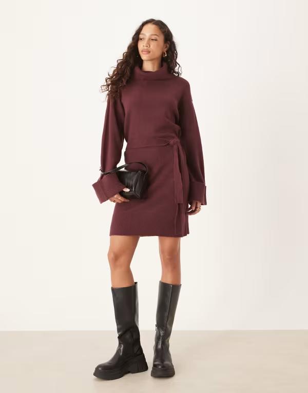 ヴィラ レディース トップス ワンピース ハイネック ミニワンピース ミニ ニット VILA tie waist high neck knit mini dress Fig バーガンディ(4)
