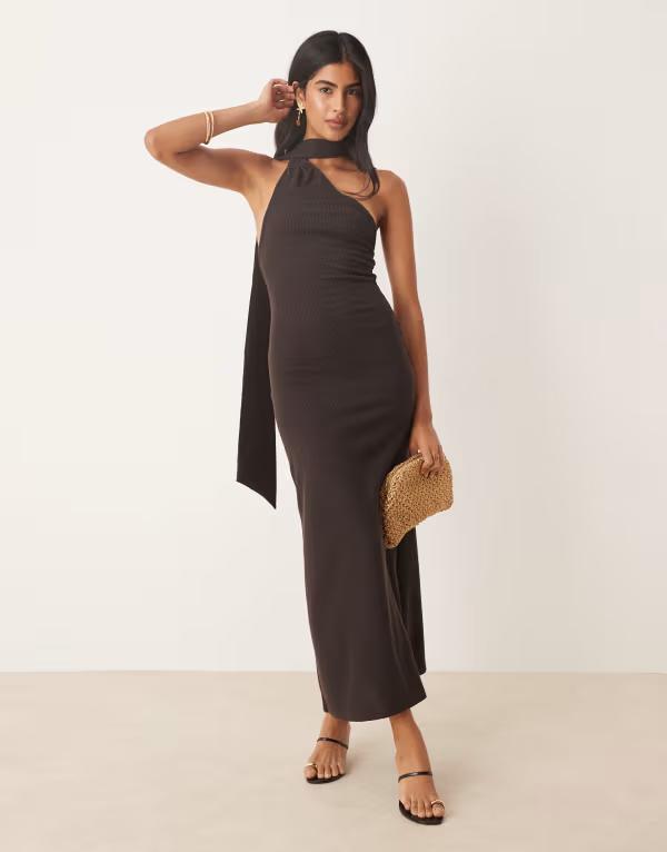 エイソス レディース トップス ワンピース ミディワンピース リブ ミディ ワンショルダー ASOS DESIGN ribbed one-shoulder neck scarf midi dress in chocolate Chocolate チョコレート