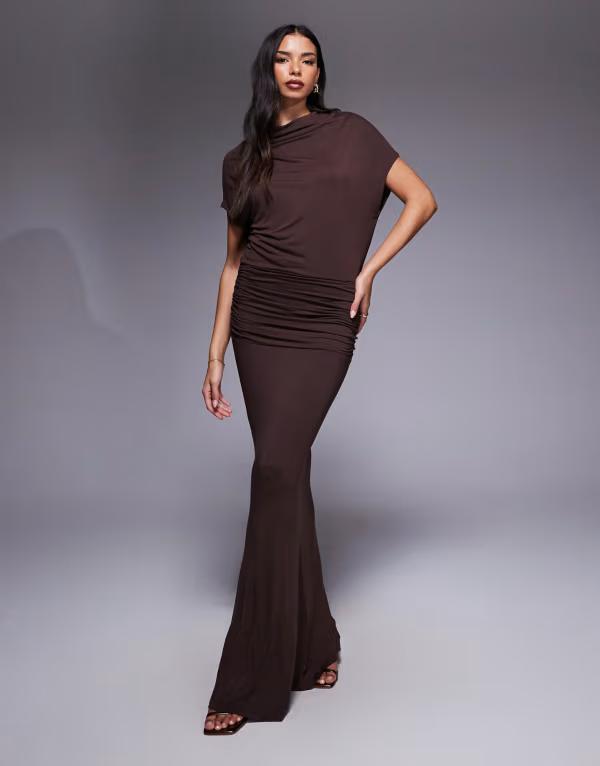 エイソス レディース トップス ワンピース マキシワンピース ドレープ マキシ ASOS DESIGN high cowl neck drape maxi dress in chocolate Chocolate チョコレート