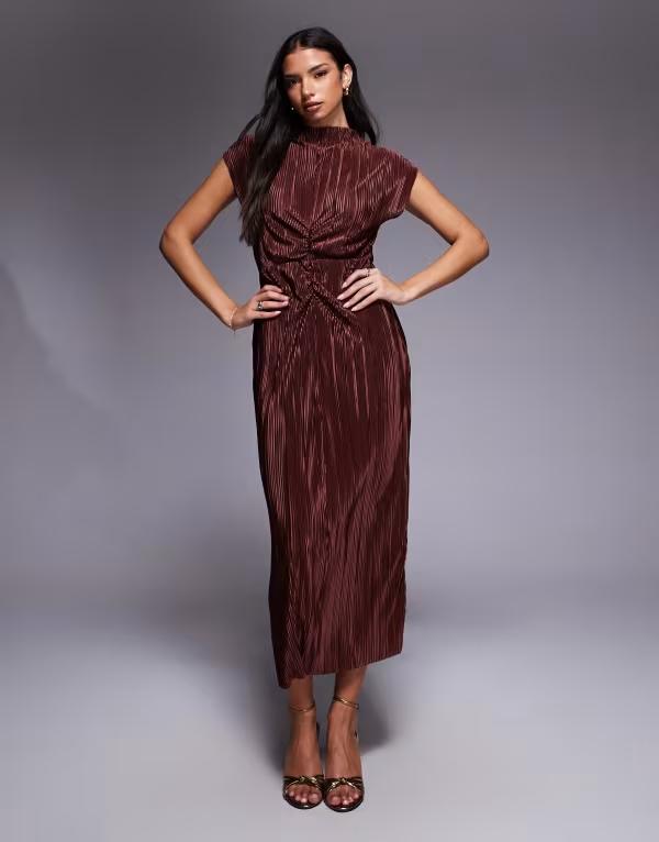 エイソス レディース トップス ワンピース ハイネック ミディワンピース ギャザー ミディ ASOS DESIGN plisse high neck ruched detail midi dress in chocolate Chocolate チョコレート
