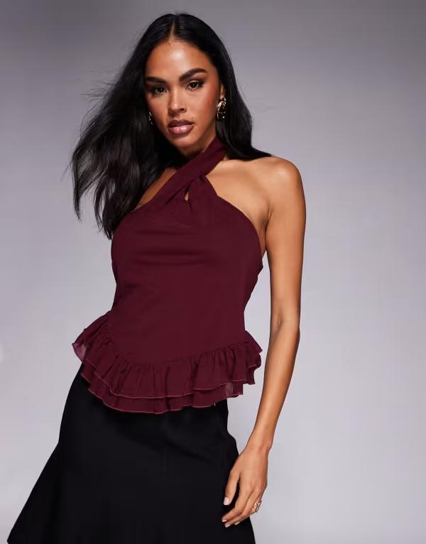 エイソス レディース トップス タンクトップ フリル ホルター ASOS DESIGN twisted halter neck ruffle..