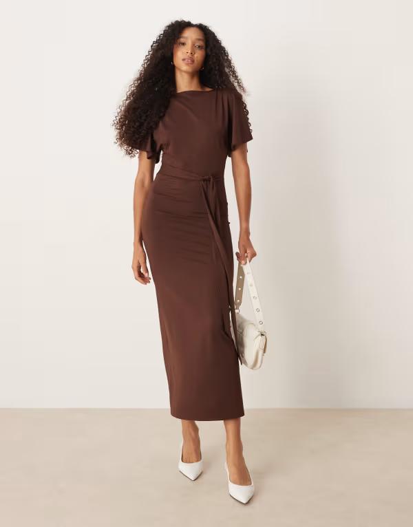 エイソス レディース トップス ワンピース マキシワンピース マキシ ASOS DESIGN angel sleeve, tie back maxi dress Chocolate チョコレート