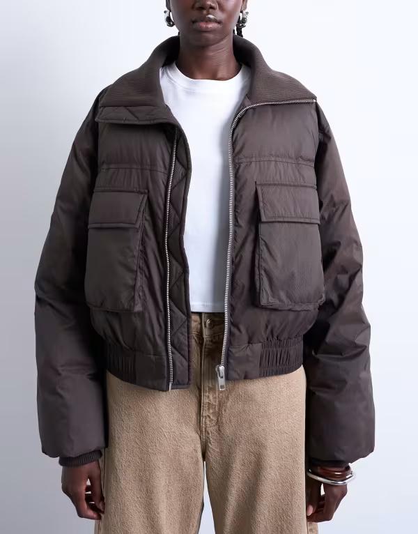 トップショップ レディース アウター ジャケット・ブルゾン リブ ジャケット Topshop short puffer bomber jacket with ribbed collar in chocolate chocolate チョコレート