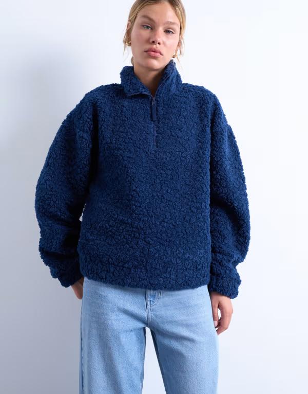 【送料無料】 トップショップ レディース パーカー・スウェット アウター Topshop borg quarter zip top in navy NAVY