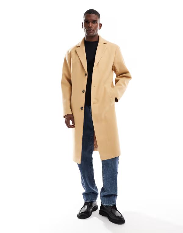 【送料無料】 エイソス メンズ コート アウター ASOS DESIGN wool look longline coat in camel CAMEL