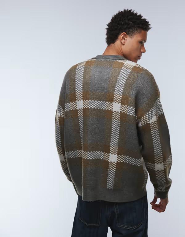 【送料無料】 エイソス メンズ ポロシャツ トップス ASOS DESIGN oversized knit notch neck polo sweater in gray plaid Gray