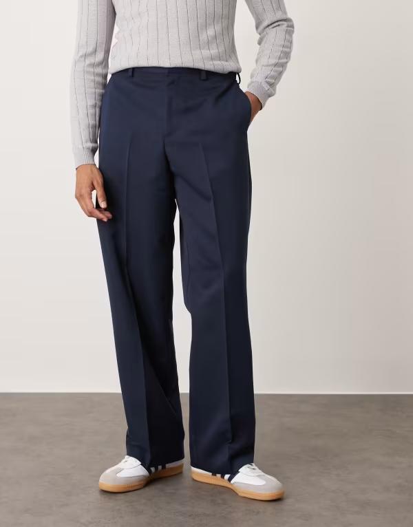 エイソス メンズ ボトムス カジュアルパンツ ワイドレッグ パンツ ASOS DESIGN wide leg dress pants with elastic waist NAVY ネイビー