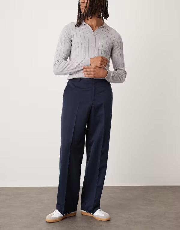 エイソス メンズ ボトムス カジュアルパンツ ワイドレッグ パンツ ASOS DESIGN wide leg dress pants with elastic waist NAVY ネイビー