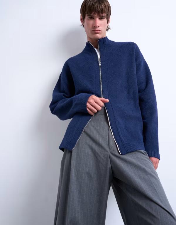 【送料無料】 トップマン メンズ カーディガン アウター Topman double zip funnel neck cardigan in navy NAVY