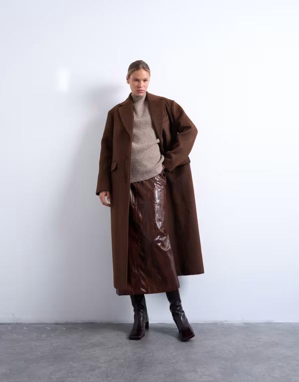 トップショップ レディース アウター コート ブレザー Topshop brushed three button longline blazer coat in chocolate chocolate チョコレート