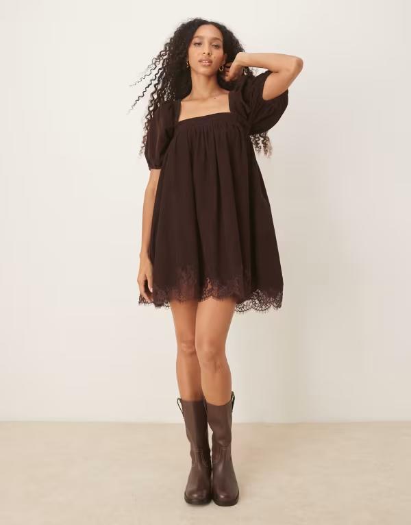 エイソス レディース トップス ワンピース レーストリム ミニ レース ASOS DESIGN cord square neck babydoll mini with puff sleeves and lace trim in chocolate Chocolate チョコレート