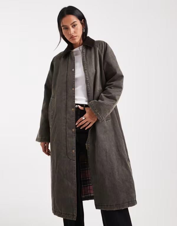 オンリー レディース アウター ジャケット・ブルゾン ジャケット ONLY longline padded barn jacket in washed chocolate Khaki カーキ